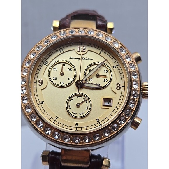 Tommy Bahama Womens Swiss Quartz Crystal Bezel Brown Leather Watch New Battery - Picture 4 of 13